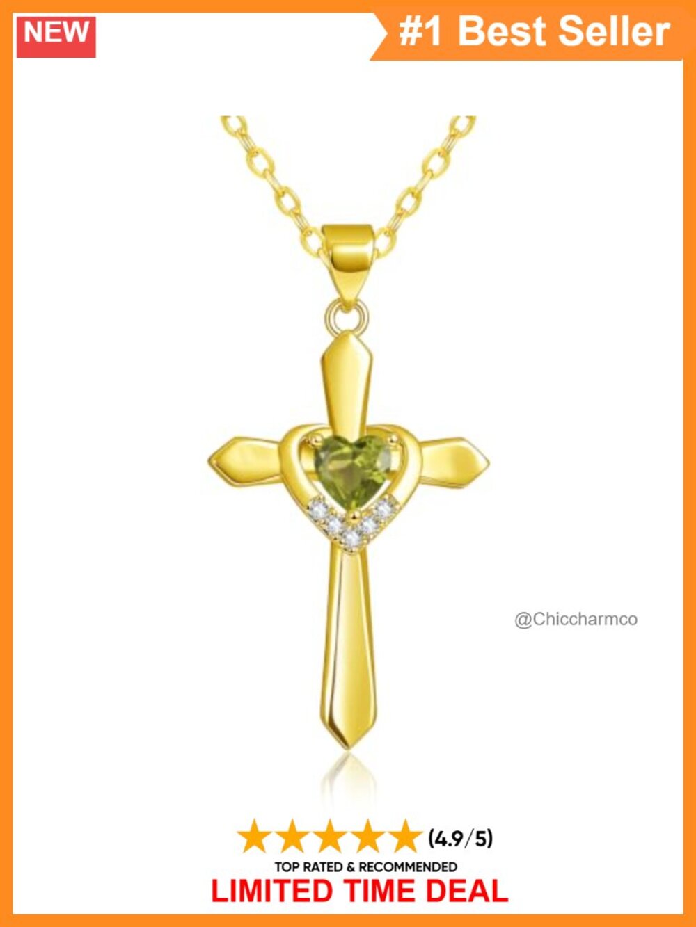 14K Gold Plated Cross Necklace Heart Birthstone Pendant 20" Chain